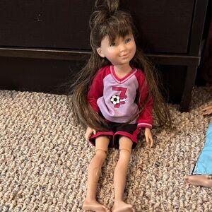 American Girl Doll with Pink Soccer Outfit and Brown Hair